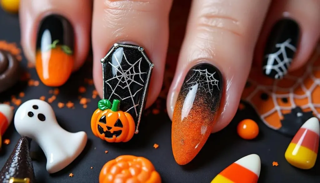 Spooky Chic: 🎃 Pumpkin & Web Nail Art for Halloween 🕸️