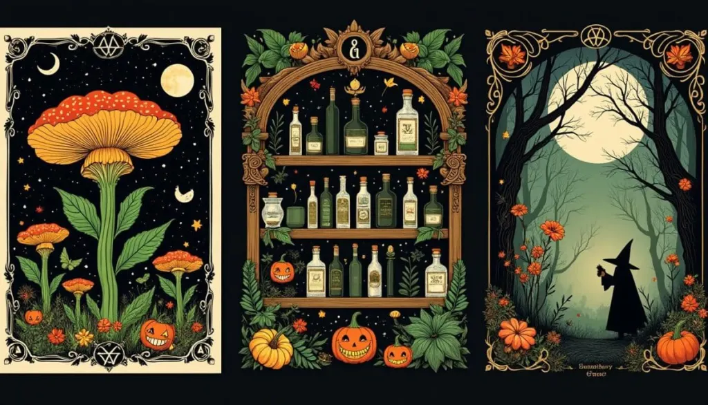 Botanical Occult: 🌿🦇 Vintage Halloween Poster Sets for Spooky Decor