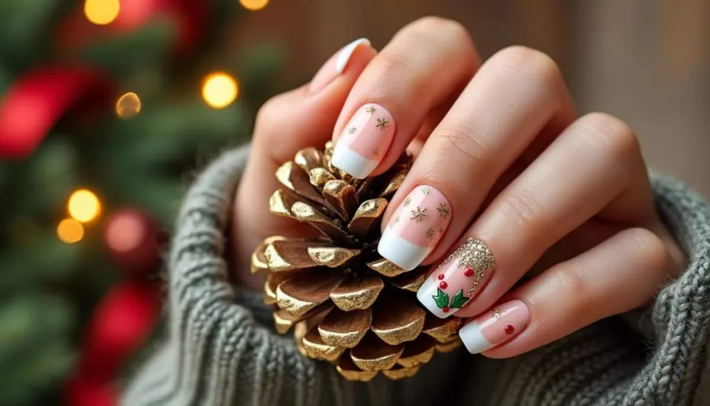 🎄 Festive French Tips: Classic Manicure with a Sparkle Twist ✨