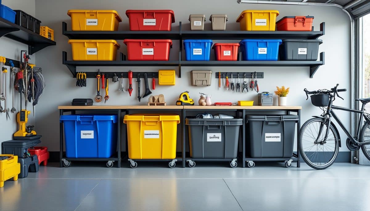 discover 7 smart garage storage solutions using bins to keep your space organized, tidy, and clutter-free. perfect for easy and efficient sorting!