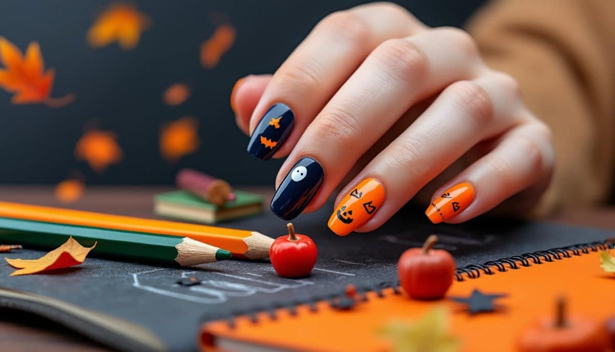 discover creative halloween to school nail transition ideas! get inspired with designs that smoothly shift from spooky season to classroom-ready styles. perfect for students and teachers looking to update their manicure for fall.
