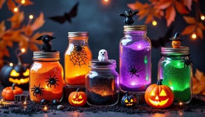 discover how to create spooky and colorful sand jar decorations for halloween. this diy craft is perfect for adding a festive touch to your home or party, and is easy enough for kids and adults alike!