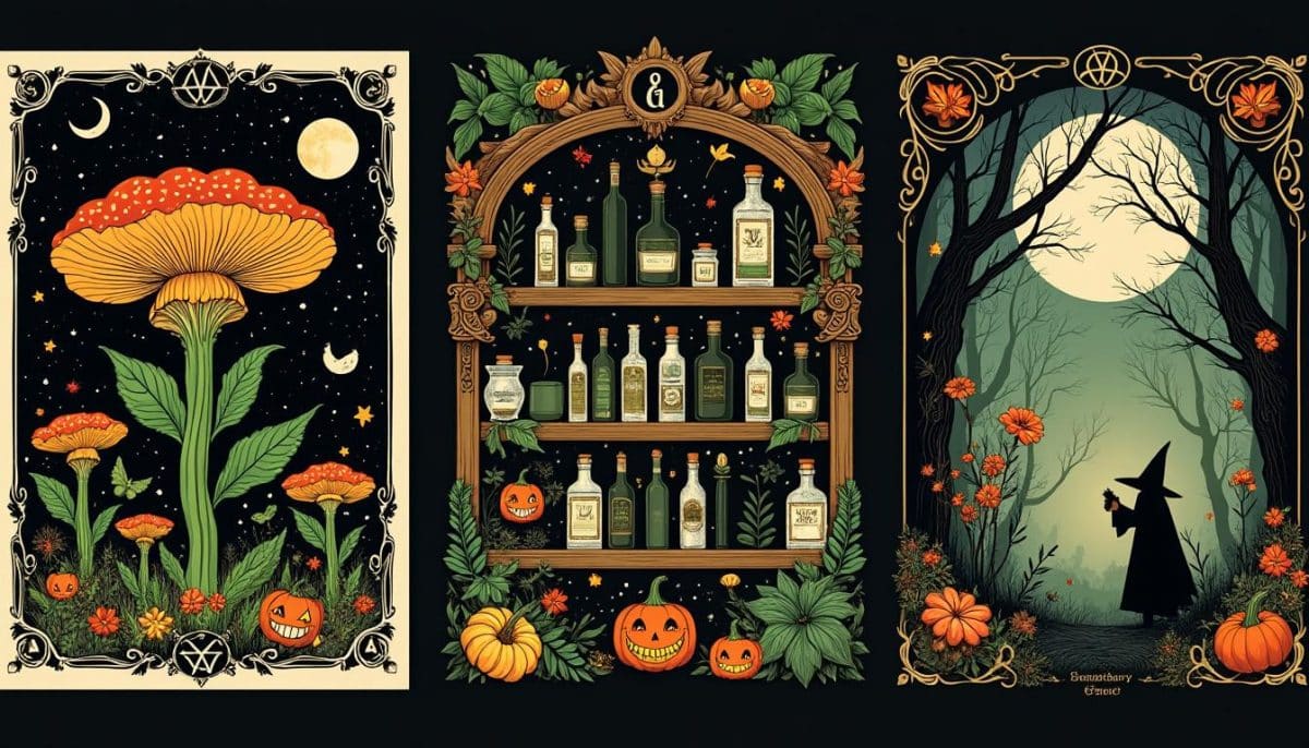 Botanical Occult: 🌿🦇 Vintage Halloween Poster Sets for Spooky Decor