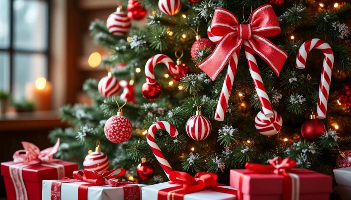 discover the charm of a red and white christmas tree decorated with a delightful candy cane theme, perfect for a festive and sweet holiday atmosphere.